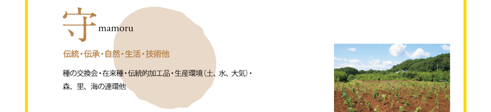 守 mamoru 伝統・伝承・自然・生活・技術他 種の交換会・在来種・伝統的加工品・生産環境(土、水、大気)・森、里、海の連環他